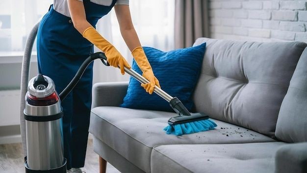Professional cleaner in uniform cleaning windows